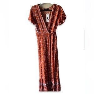 Burnt orange paisley/floral peasant maxi dress size small